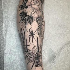Black & Grey + Fine Line spider tattoo on Calf by Q_tattoo on TattMe