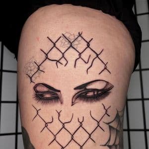 Fine Line + Black & Grey eyelashes tattoo on Thigh by Q_tattoo on TattMe