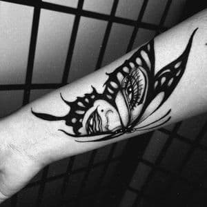 Black-work + Illustrative butterfly tattoo on Forearm by Q_tattoo on TattMe