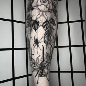 Black & Grey + Illustrative peony tattoo on Calf by Q_tattoo on TattMe