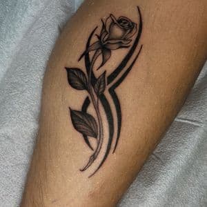 Black & Grey + Tribal rose tattoo on Calf by Q_tattoo on TattMe
