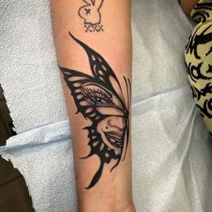 Black-work + Illustrative butterfly tattoo on Forearm by Q_tattoo on TattMe
