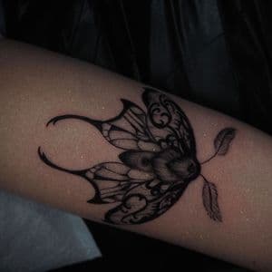Black & Grey + Fine Line moth tattoo on Forearm by Q_tattoo on TattMe