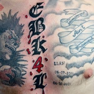 Lettering + Black & Grey blood droplets tattoo on Sternum by Meaney_Tattoos_06 on TattMe