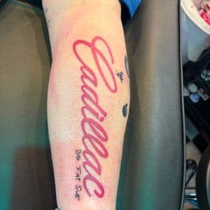 Lettering + Script cadillac tattoo on Calf by Meaney_Tattoos_06 on TattMe