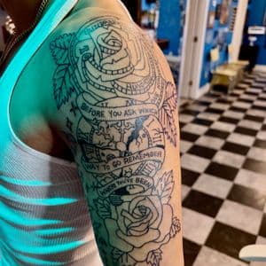 Illustrative + Line-work roses tattoo on Upper Arm by Meaney_Tattoos_06 on TattMe