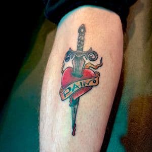 Traditional + American Traditional heart tattoo on Calf by Meaney_Tattoos_06 on TattMe