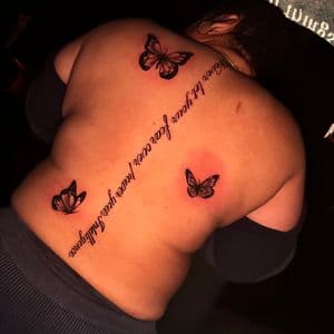 Lettering + Fine Line butterflies tattoo on Upper Back by Murda_Innk on TattMe
