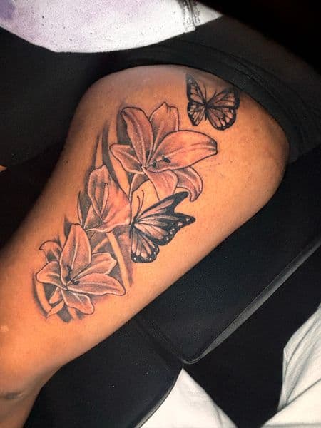 Floral + Illustrative flowers tattoo on Thigh by Murda_Innk on TattMe