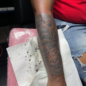 Black & Grey + Illustrative theatrical masks tattoo on Forearm by Murda_Innk on TattMe