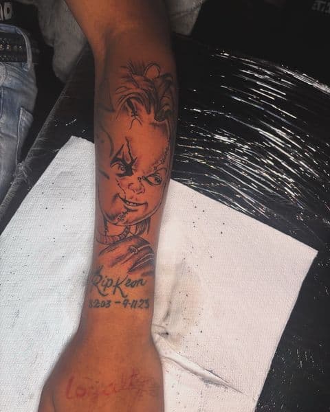 Black & Grey + Illustrative chucky tattoo on Forearm by Murda_Innk on TattMe