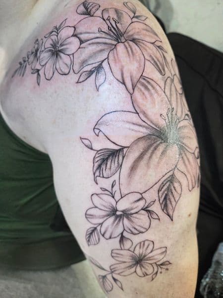 Fine Line + Black & Grey flowers tattoo on Upper Arm by Certified__OB on TattMe