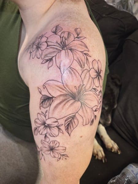 Floral + Black & Grey flowers tattoo on Upper Arm by Certified__OB on TattMe