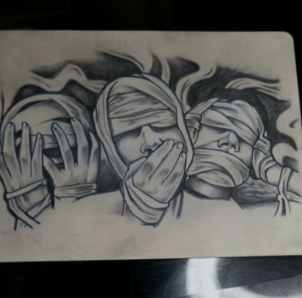 Black & Grey + Illustrative blindfolded figures tattoo by Certified__OB on TattMe