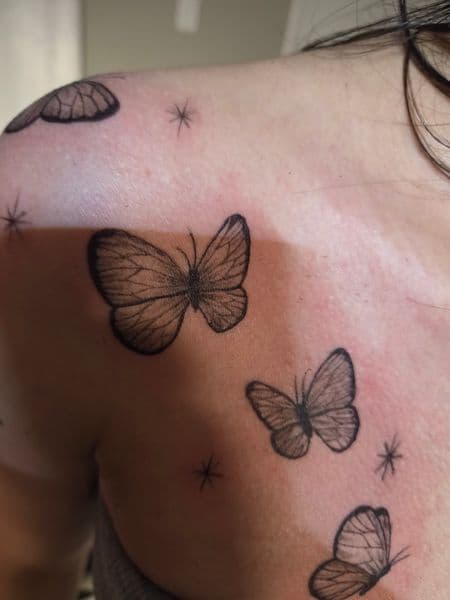 Fine Line + Black & Grey butterfly tattoo on Shoulder by Certified__OB on TattMe