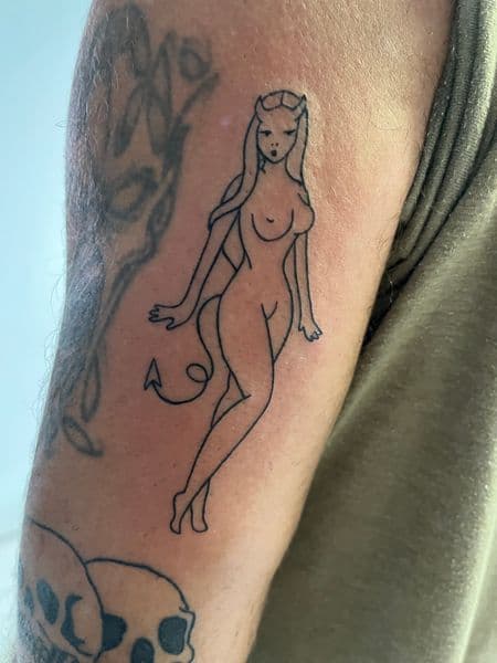 Line-work + Fine Line devil girl tattoo on Upper Arm by inksfromkels on TattMe