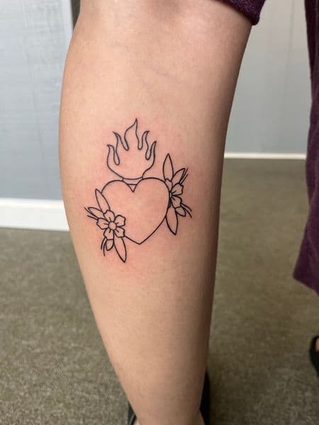Fine Line + Minimalist sacred heart tattoo on Calf by inksfromkels on TattMe