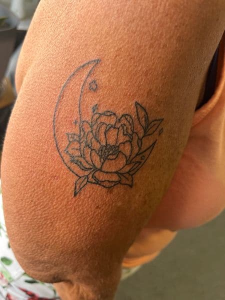 Fine Line + Black-work moon tattoo on Upper Arm by inksfromkels on TattMe