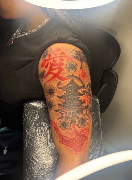 Japanese + Color pagoda tattoo on Upper Arm by teeskiink on TattMe