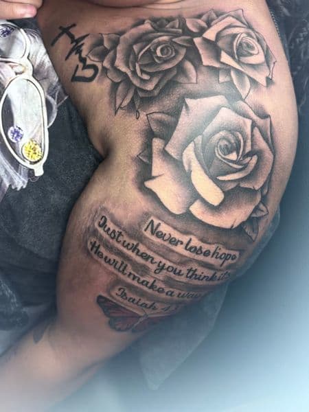 Black & Grey + Floral roses tattoo on Upper Arm by teeskiink on TattMe