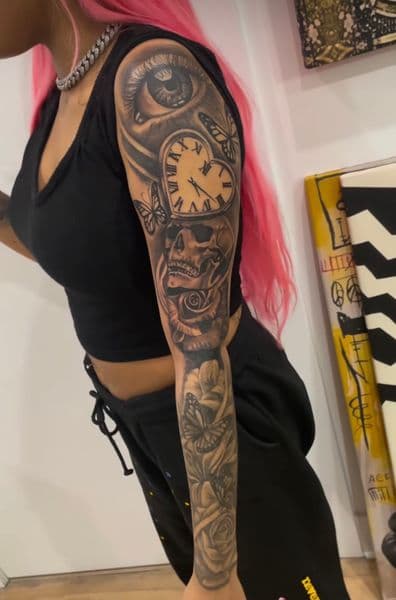 Black & Grey + Realism eye tattoo on Full Sleeve by teeskiink on TattMe