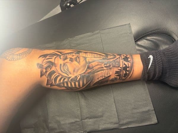 Black & Grey + Illustrative pharaoh tattoo on Calf by teeskiink on TattMe