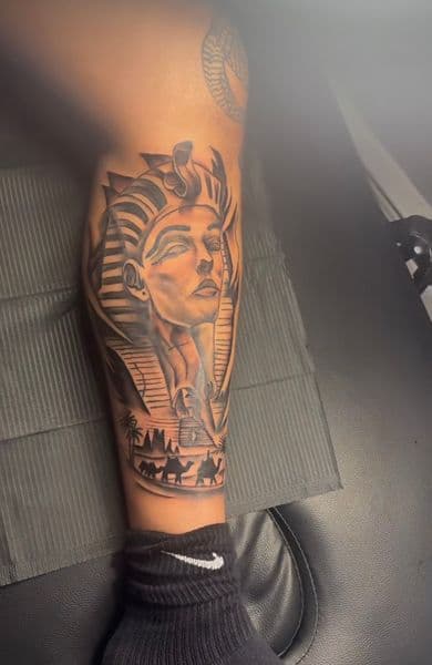 Black & Grey + Realism pharaoh tattoo on Calf by teeskiink on TattMe