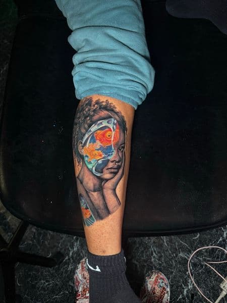 Realism + Color woman tattoo on Calf by nayasTats on TattMe