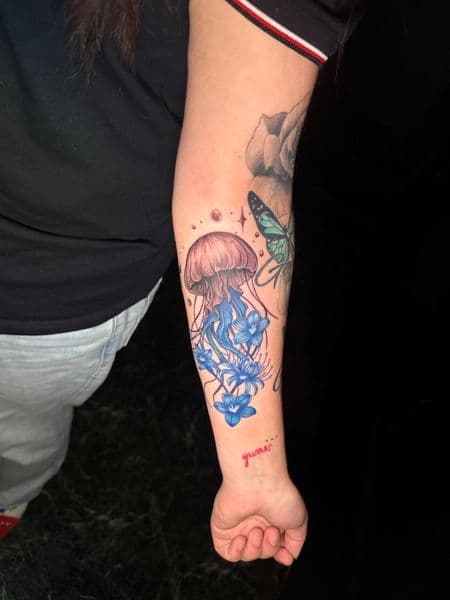 Illustrative + Color jellyfish tattoo on Forearm by nayasTats on TattMe
