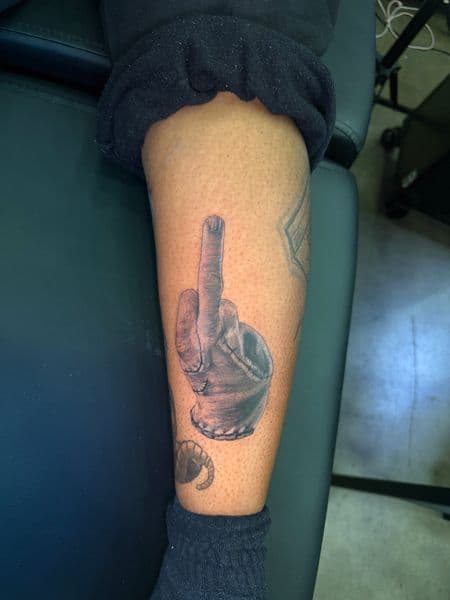 Black & Grey + Illustrative hand tattoo on Calf by nayasTats on TattMe