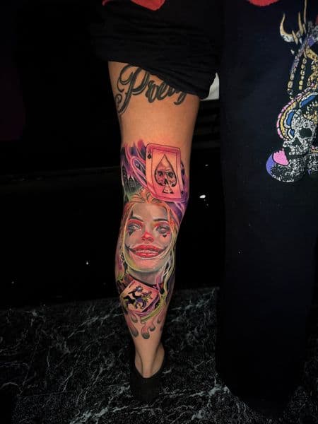 Color + Realism harley quinn tattoo on Calf by nayasTats on TattMe