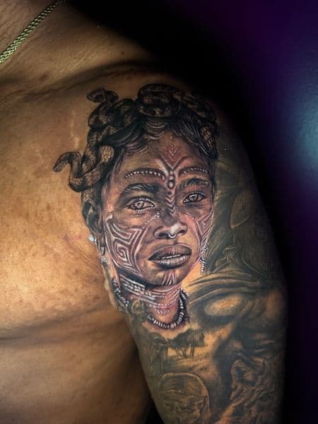 Realism + Black & Grey woman tattoo on Upper Arm by nayasTats on TattMe