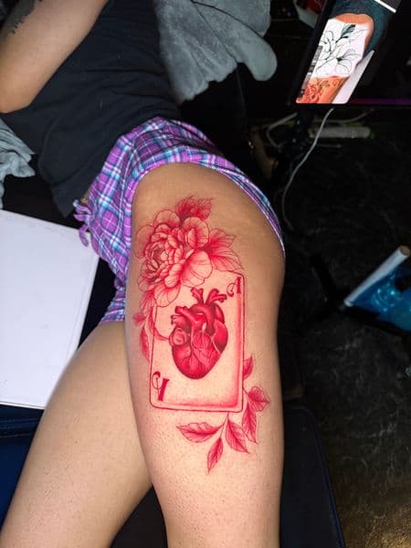 Floral + Illustrative heart tattoo on Thigh by nayasTats on TattMe
