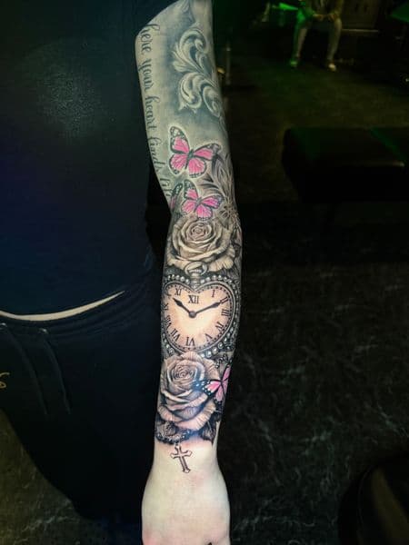 Black & Grey + Floral clock tattoo on Forearm by nayasTats on TattMe
