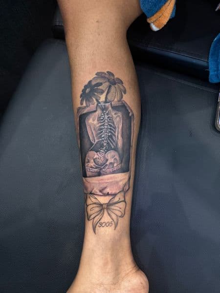 Black & Grey + Realism skeleton tattoo on Calf by nayasTats on TattMe