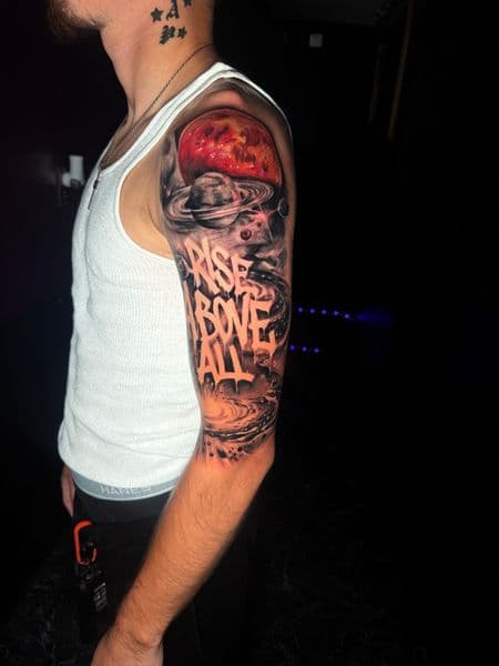 Color + Black & Grey planets tattoo on Half Sleeve by nayasTats on TattMe