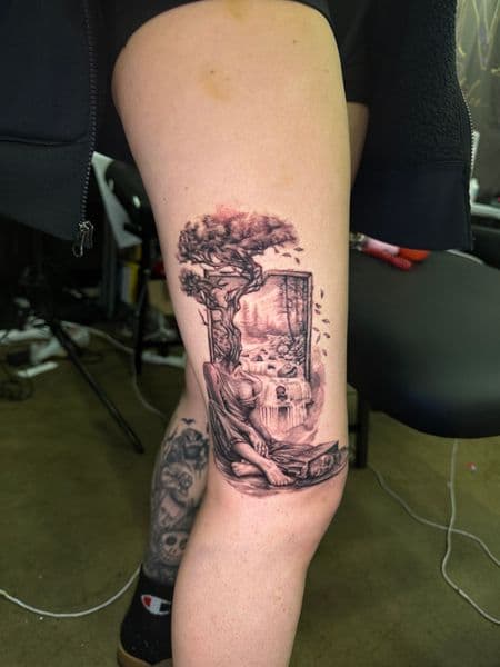 Black & Grey + Illustrative figure tattoo on Thigh by nayasTats on TattMe