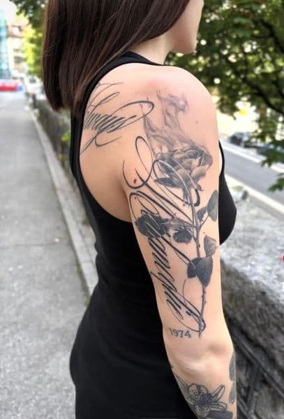 Black & Grey + Script rose tattoo on Half Sleeve by tenderhearttat1 on TattMe