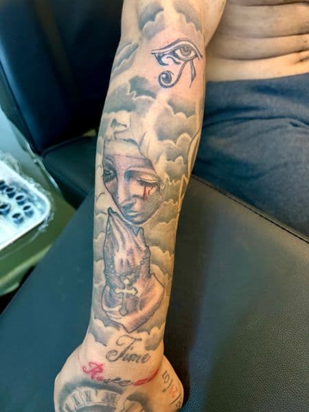 Realism + Black & Grey wheeping mary realism sleeve with added bonuses tattoo by Inkbykey_ on TattMe