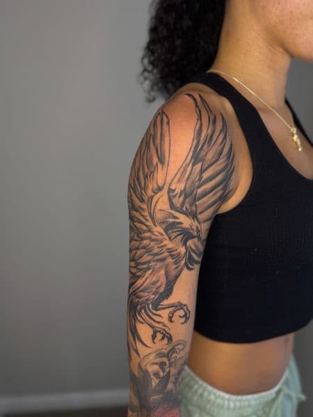 Black & Grey + Illustrative eagle tattoo on Half Sleeve by Juanyane on TattMe