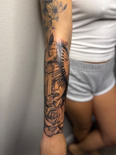 Black & Grey + Realism woman tattoo on Half Sleeve by Juanyane on TattMe