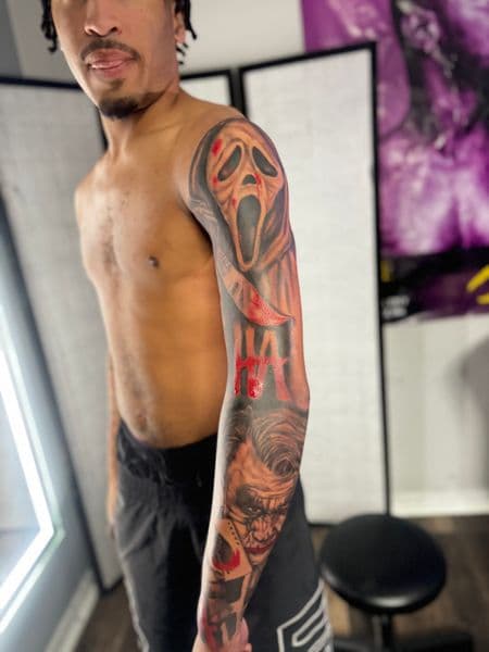 Realism + Color ghostface tattoo on Full Sleeve by Juanyane on TattMe