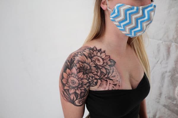 Floral + Black & Grey flowers tattoo on Shoulder by Juanyane on TattMe
