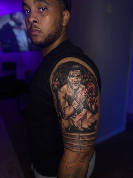 Realism + Black & Grey boxer tattoo on Upper Arm by Juanyane on TattMe
