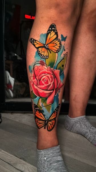 Color + Watercolor butterflies tattoo on Shin by ARTWORLDINK on TattMe