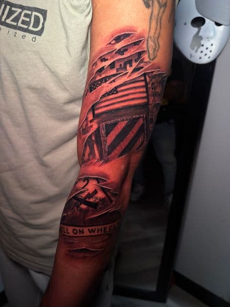 Realism + Biomechanical ripped skin tattoo on Full Sleeve by ARTWORLDINK on TattMe