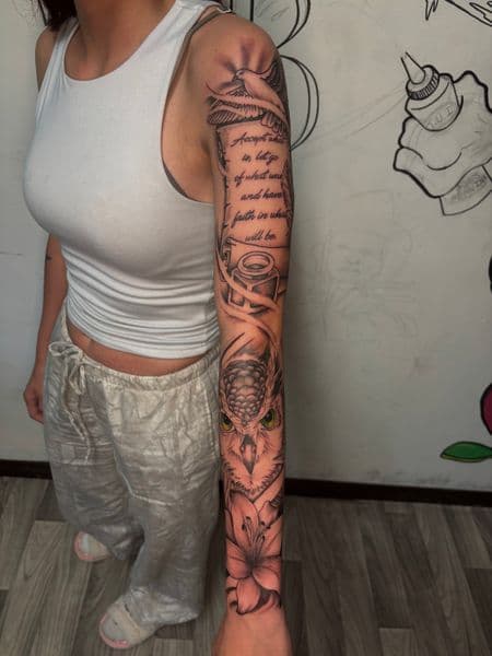 Black & Grey + Realism owl tattoo on Full Sleeve by TatsByDaVinci on TattMe