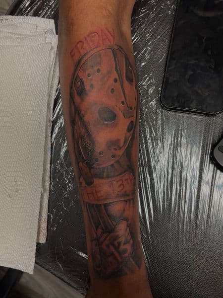 Black & Grey + Illustrative jason voorhees tattoo on Forearm by TatsByDaVinci on TattMe