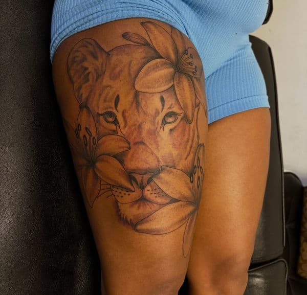 Black & Grey + Realism lioness tattoo on Thigh by TatsByDaVinci on TattMe