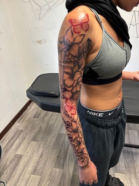Black & Grey + Floral flowers tattoo on Full Sleeve by TatsByDaVinci on TattMe